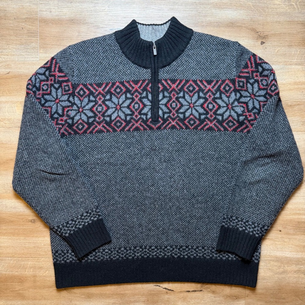 Vintage LL Bean Quarter Zip Sweater Mens Large Gray Shetland Wool Fair Isle